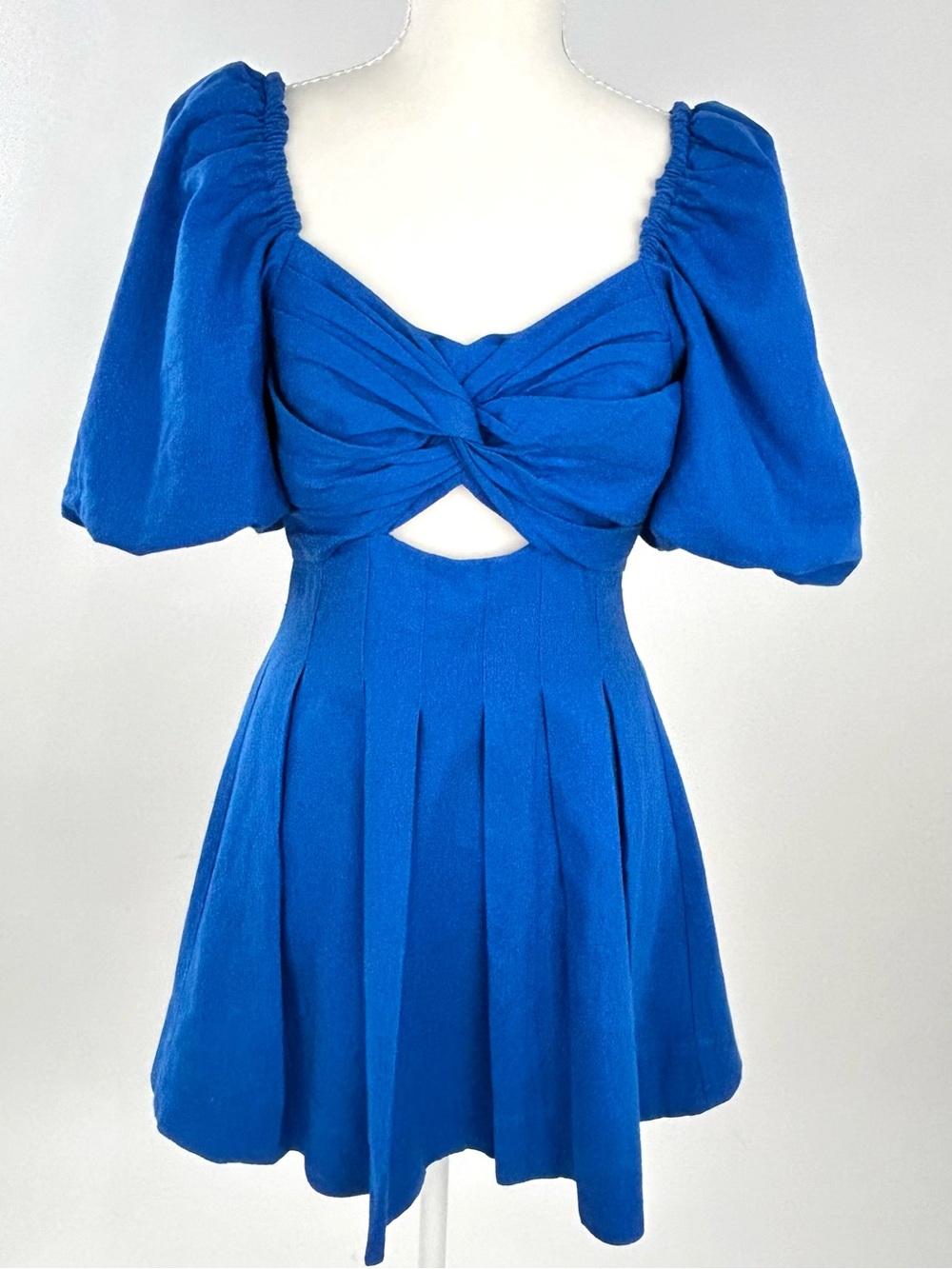 House of Harlow 1960 Cobalt Linen Puff Sleeve Twist Cutout Mini Dress 2